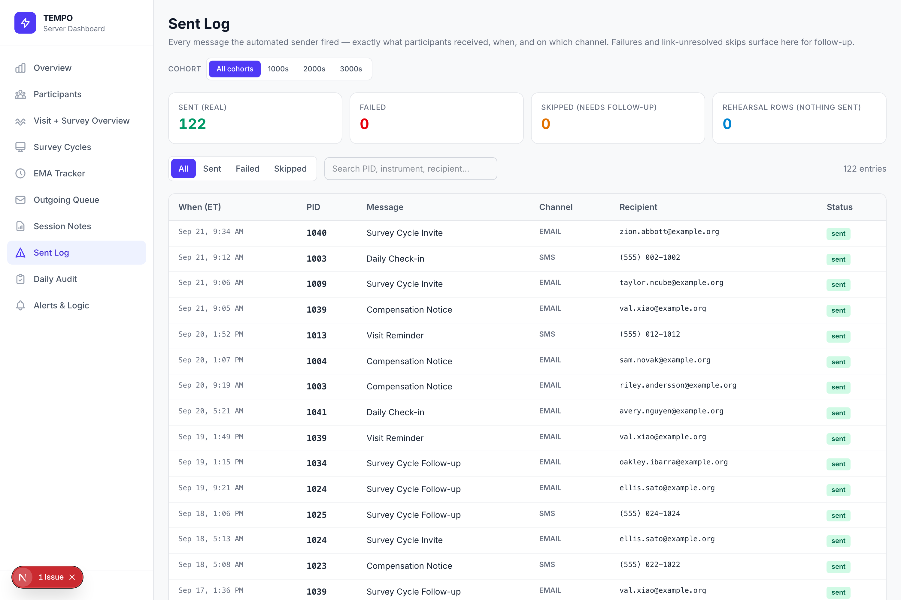 Sent log listing each delivered message with channel, recipient and status